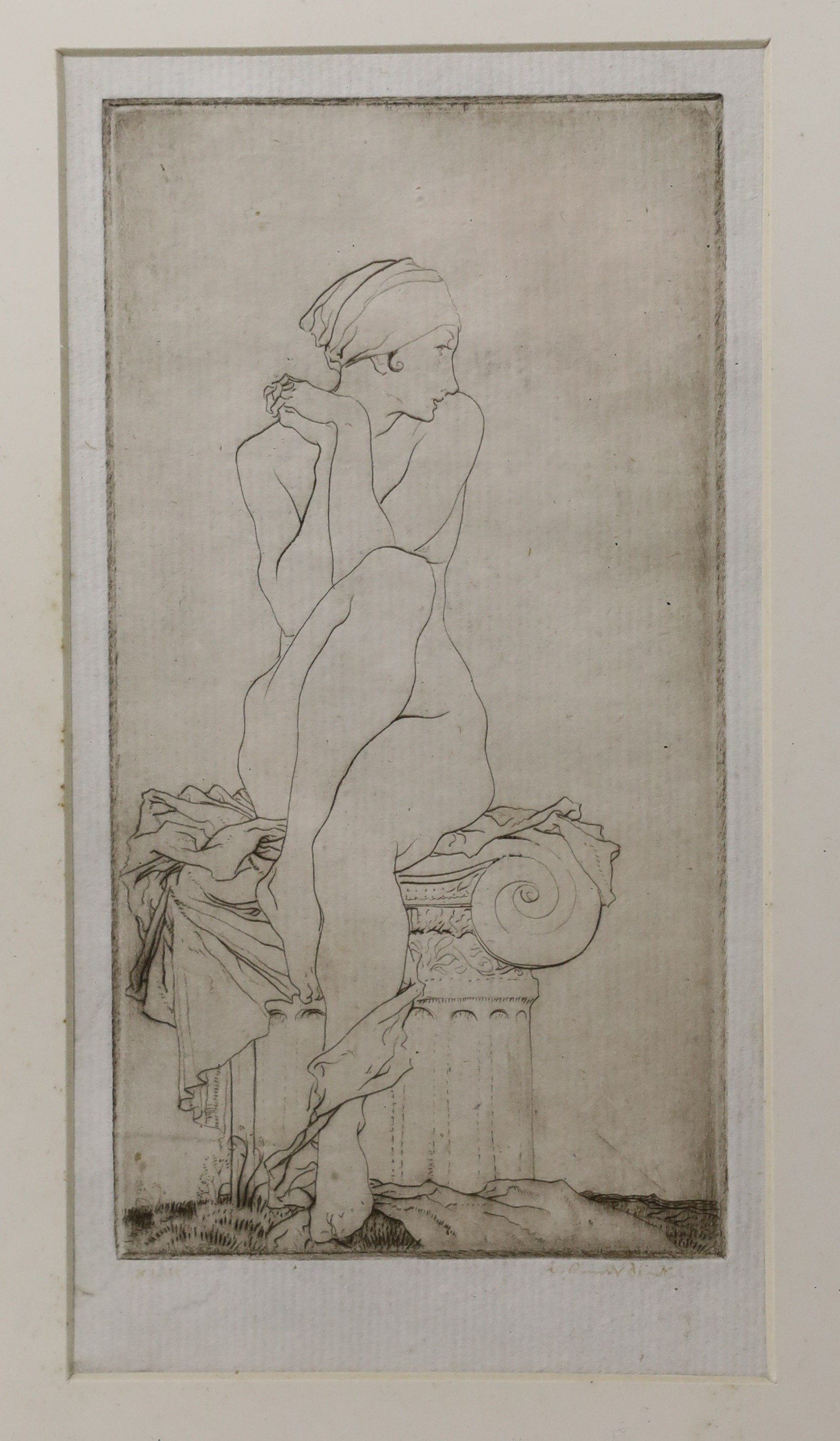 Sir William Russell Flint RA PRWS (1880-1969), drypoint etching, Nude seated upon an ionic capital, indistinctly signed, 13 x 7cm